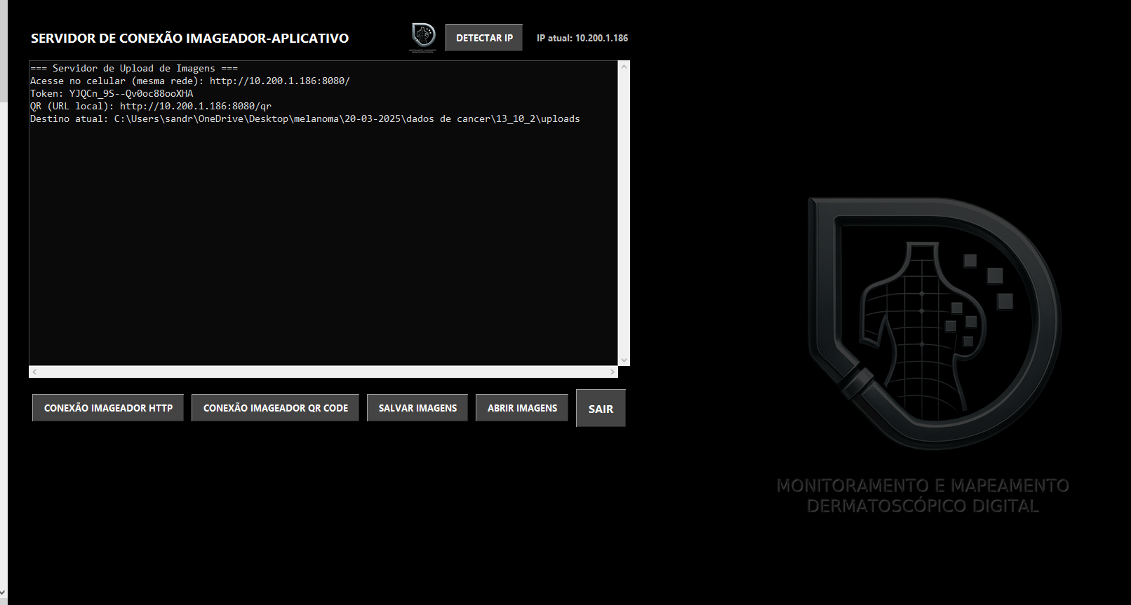 Tela do servidor de conexão entre celular e aplicativo dermatoscópico